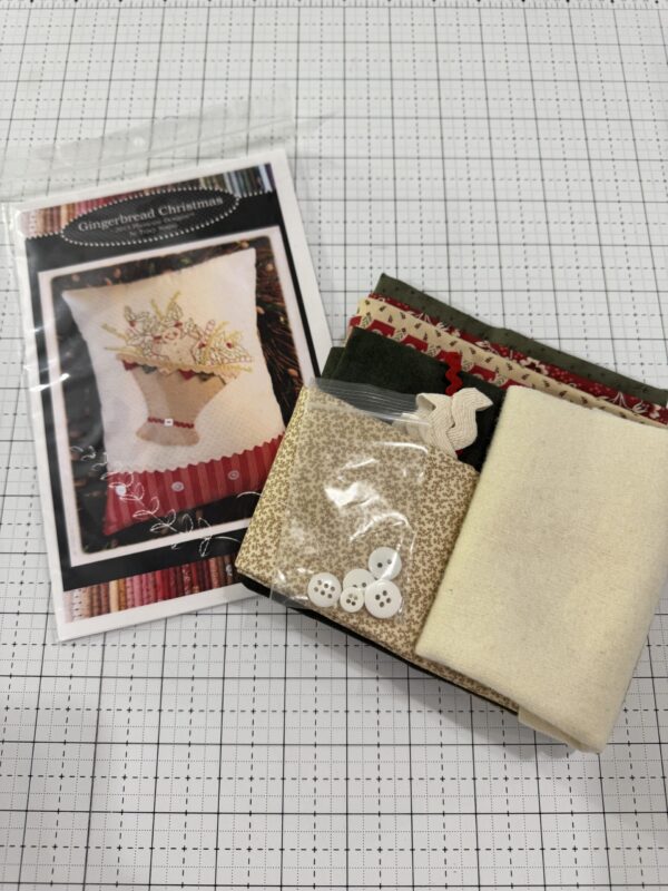 Gingerbread Christmas embroidery pillow kit by Plumcute with fabrics trim and embellishments