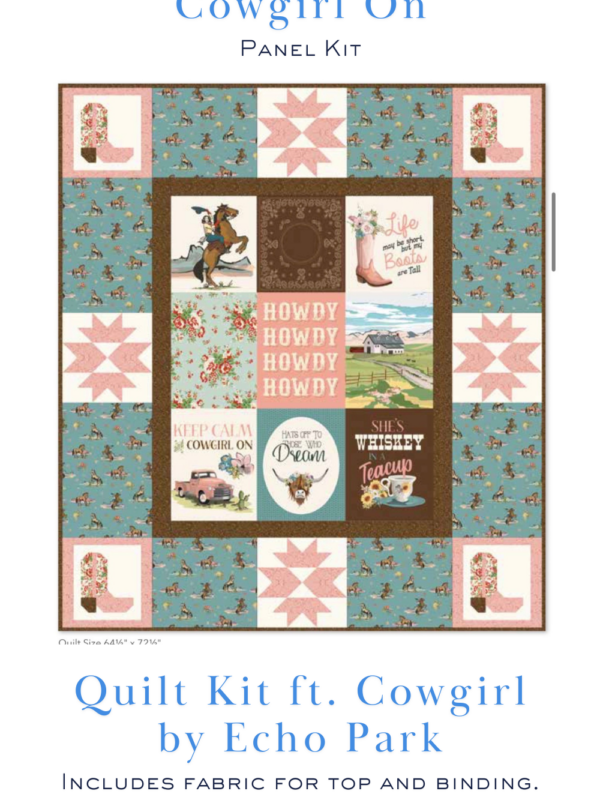 Cowgirl On quilt pattern mockup featuring Cowgirl fabric panel by Echo Park western quilt design