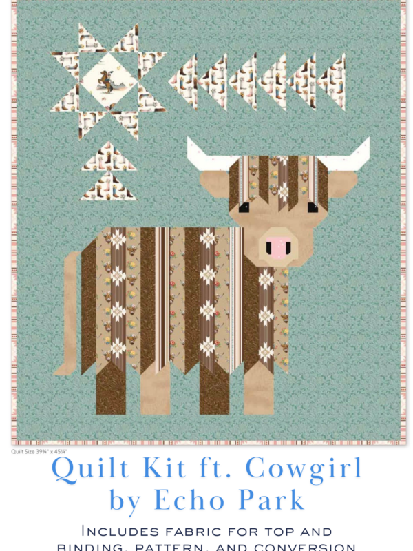 Cattle Call quilt kit mockup featuring Cowgirl fabric collection by Echo Park western quilt design
