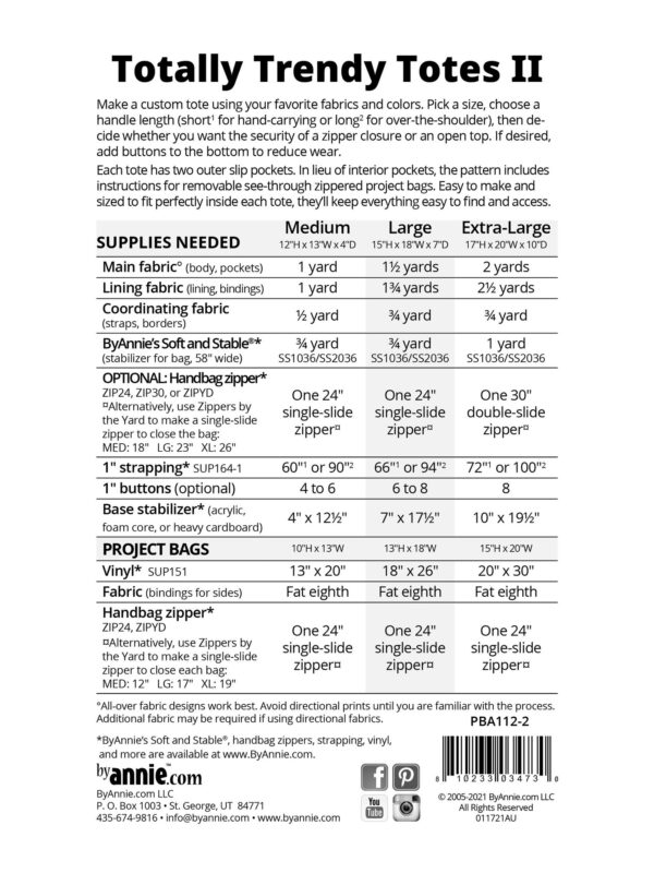 By Annie Totally Trendy Totes II pattern large tote bags in multiple sizes pattern requirements