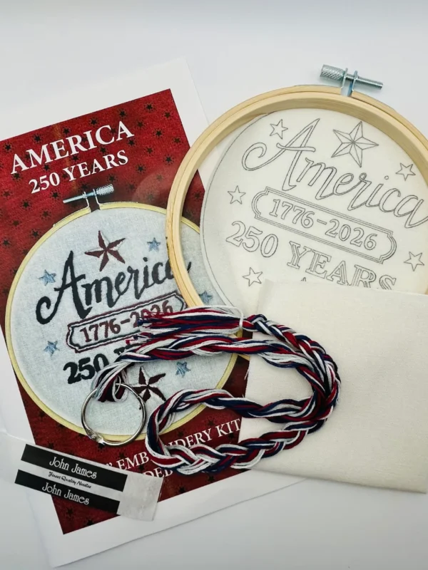 AMERICA 250 Years Embroidery Kit by Deb Strain with hoop, fabric, and floss included