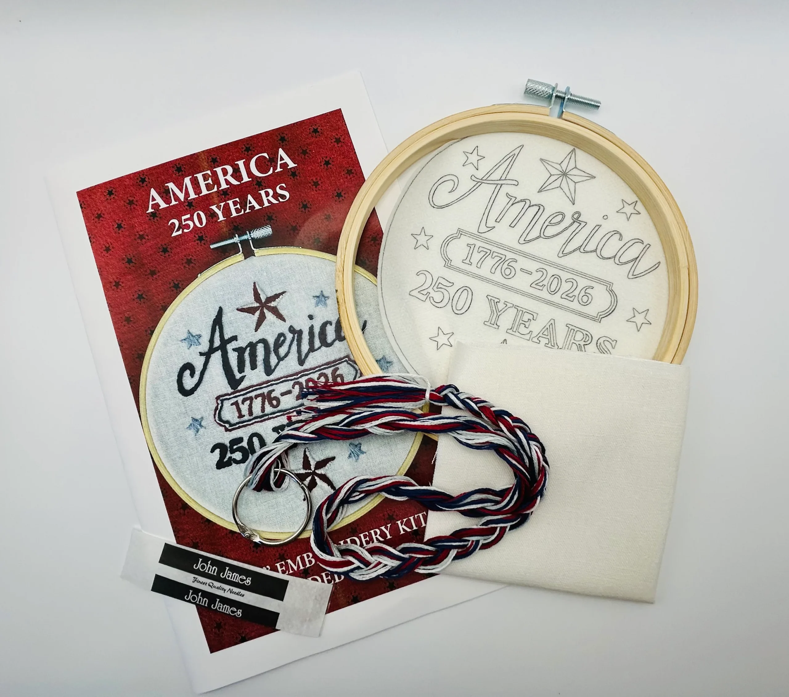 AMERICA 250 Years Embroidery Kit by Deb Strain with hoop, fabric, and floss included