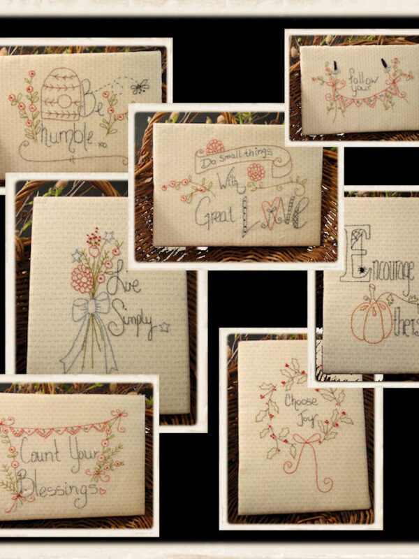 Stitched Wisdom embroidery pattern by Plumcute featuring seven small stitchery designs