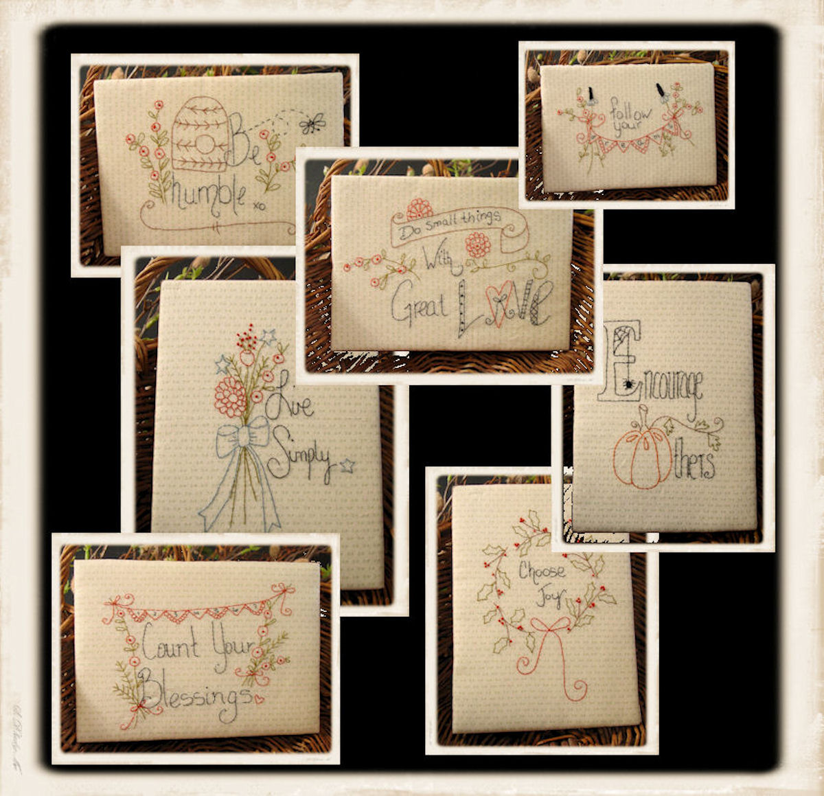 Stitched Wisdom embroidery pattern by Plumcute featuring seven small stitchery designs