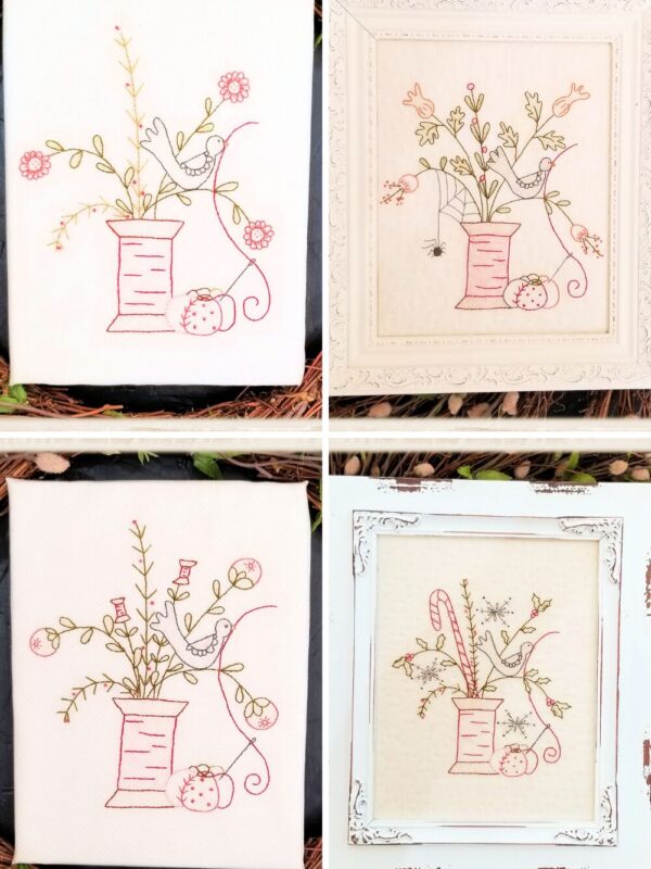 Sweet Spools embroidery pattern by Plumcute featuring four seasonal spool stitchery designs