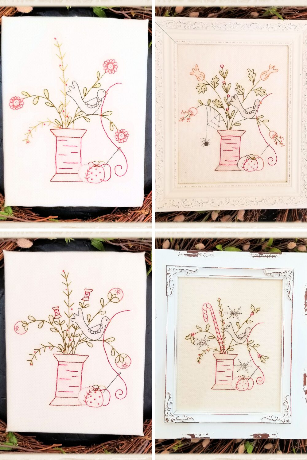 Sweet Spools embroidery pattern by Plumcute featuring four seasonal spool stitchery designs