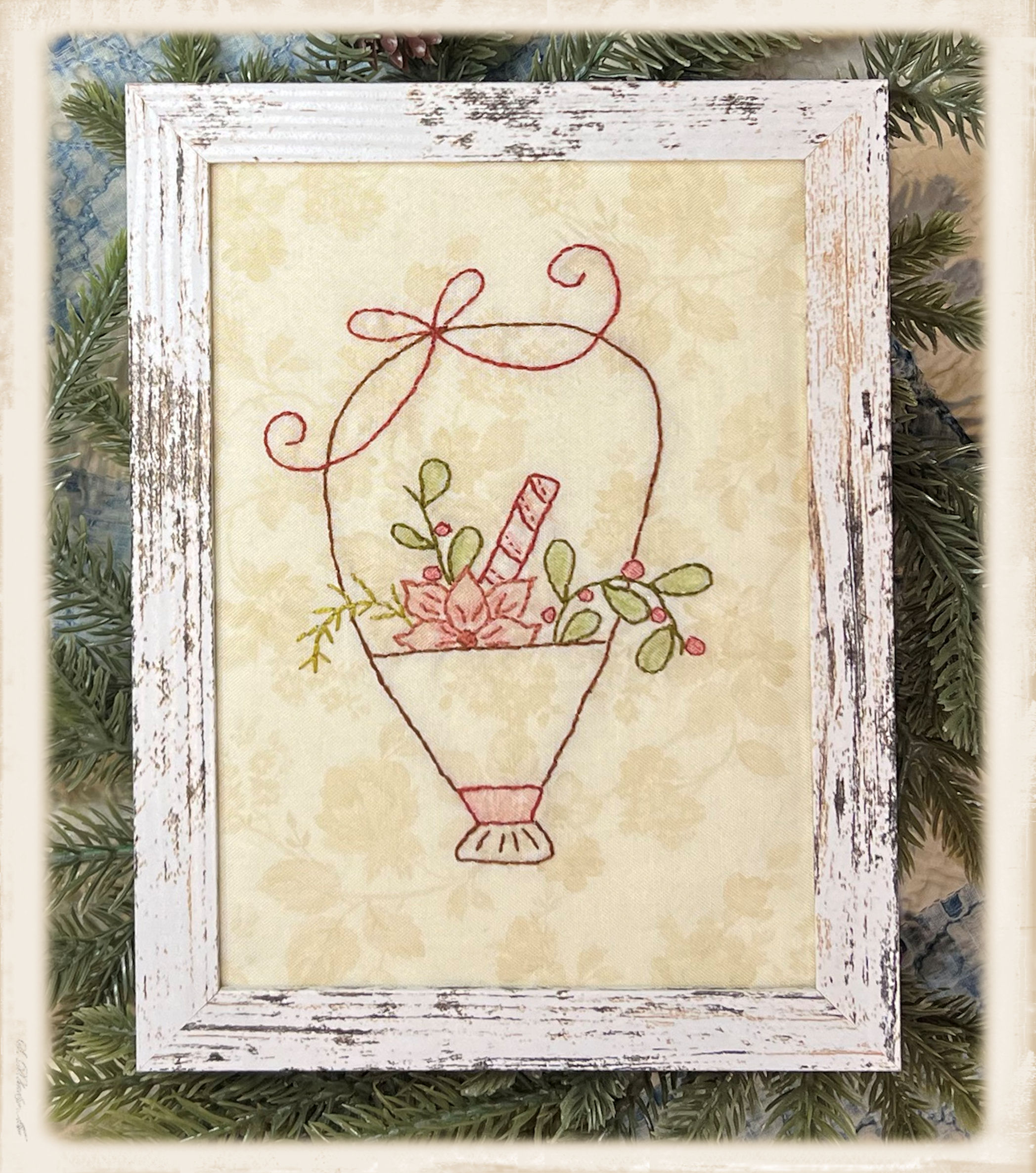 A Tisket A Tasket December basket embroidery pattern by Plumcute featuring seasonal stitchery design
