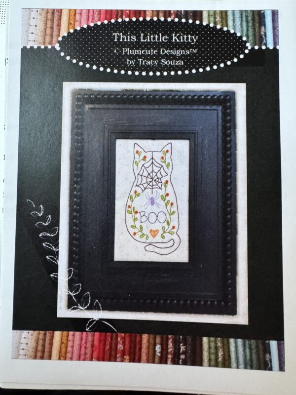 This Little Kitty Halloween embroidery pattern by Plumcute featuring a cat silhouette filled with spooky motifs