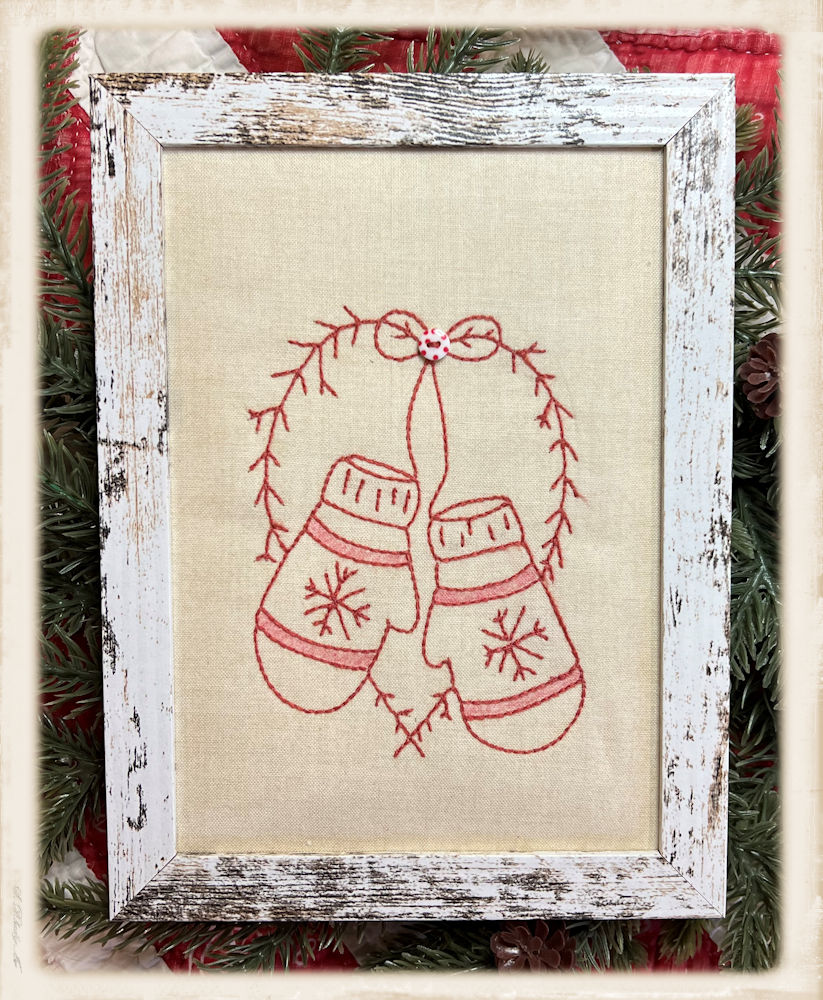 Sweet Seasons Pink Winter embroidery kit by Plumcute featuring pink mittens with coordinating button