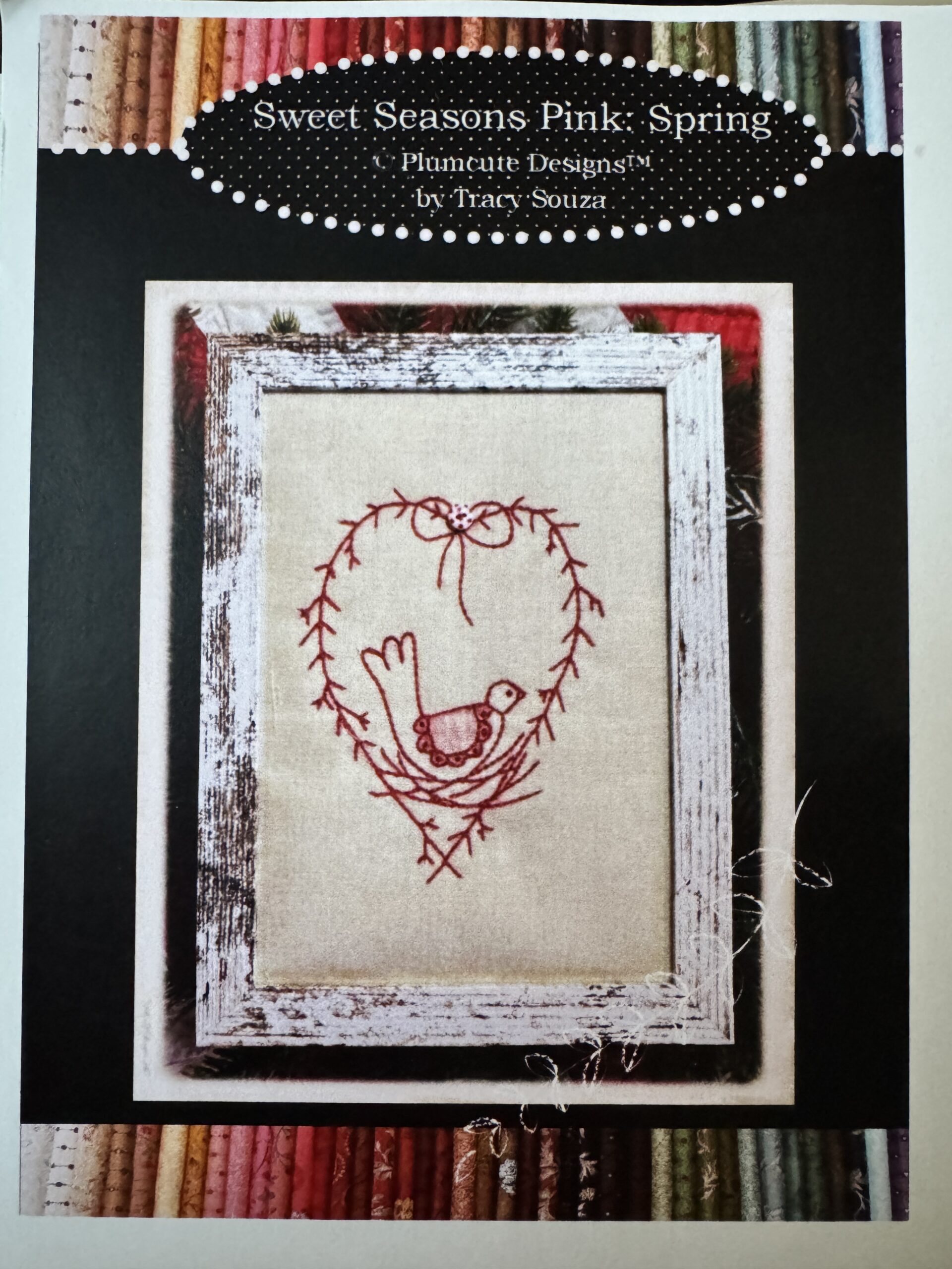 Sweet Seasons Pink Spring embroidery kit by Plumcute featuring bird in nest design with button embellishment