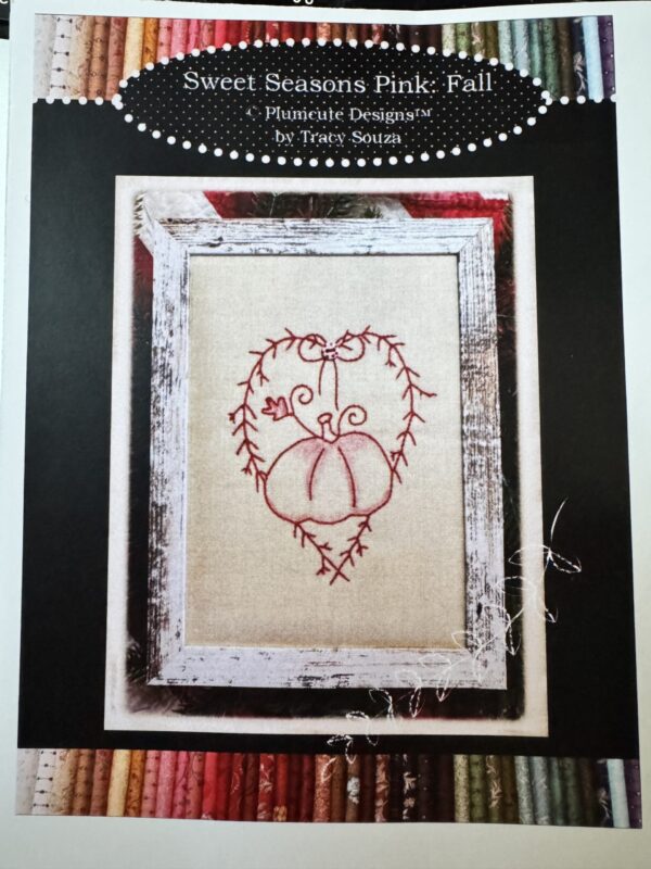 Sweet Seasons Pink Fall embroidery kit by Plumcute featuring pumpkin design with coordinating button