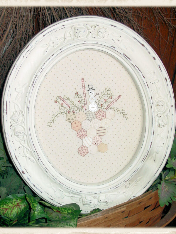 A Winter’s Stitch embroidery pattern by Plumcute Designs featuring snowman with paper pieced hexagons and stitchery