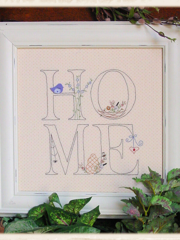 Home embroidery pattern by Plumcute Designs featuring stitchery with bird and red button embellishments
