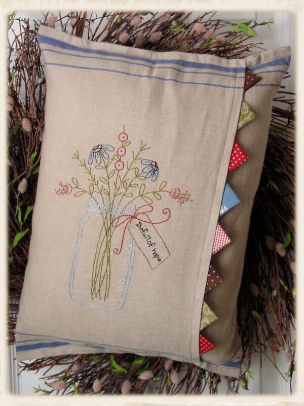 Be Full of Hope pillow pattern by Plumcute Designs featuring embroidery and prairie point details