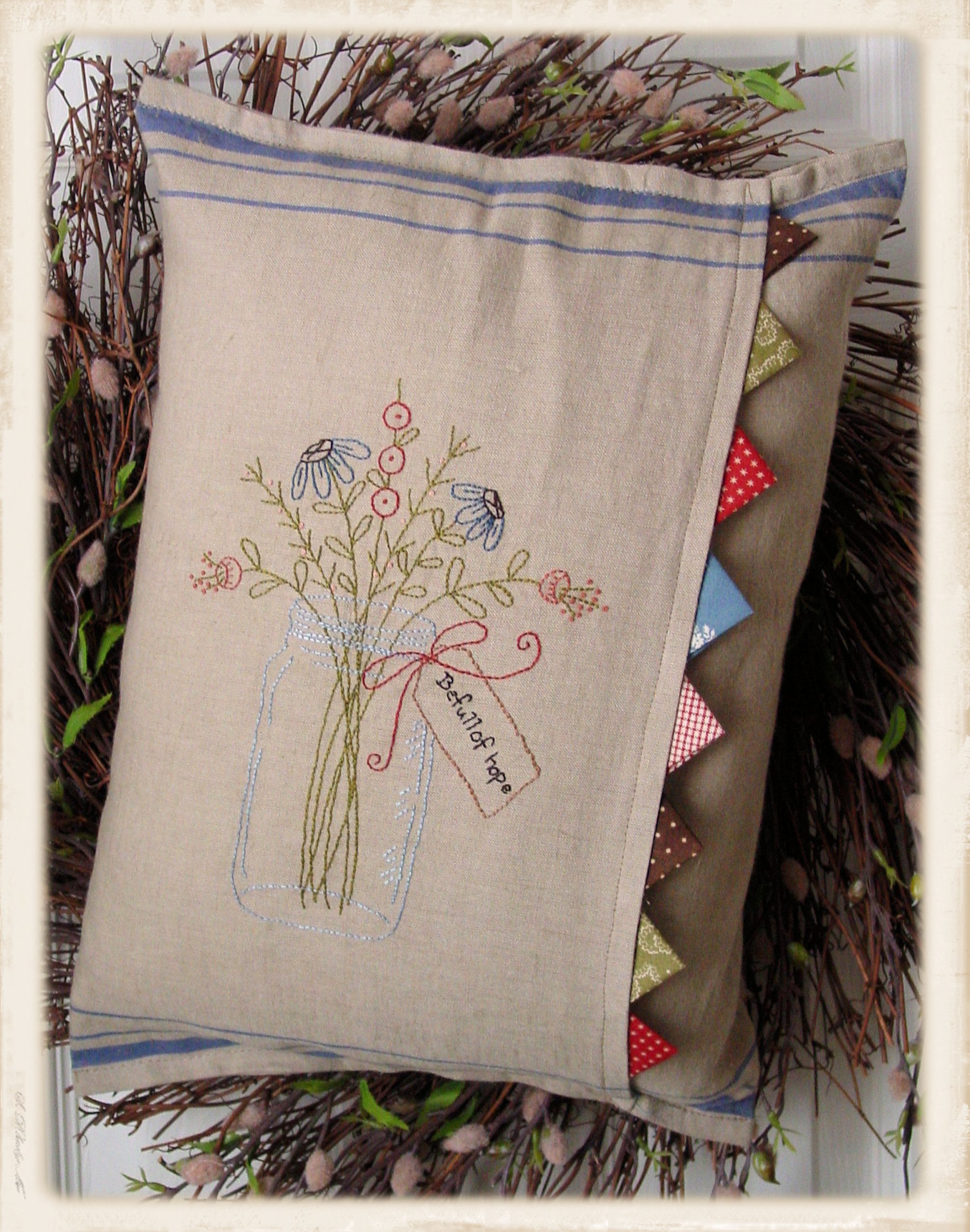 Be Full of Hope pillow pattern by Plumcute Designs featuring embroidery and prairie point details