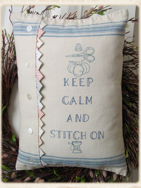 Keep Calm and Stitch On pillow pattern by Plumcute Designs featuring sewing themed embroidery design