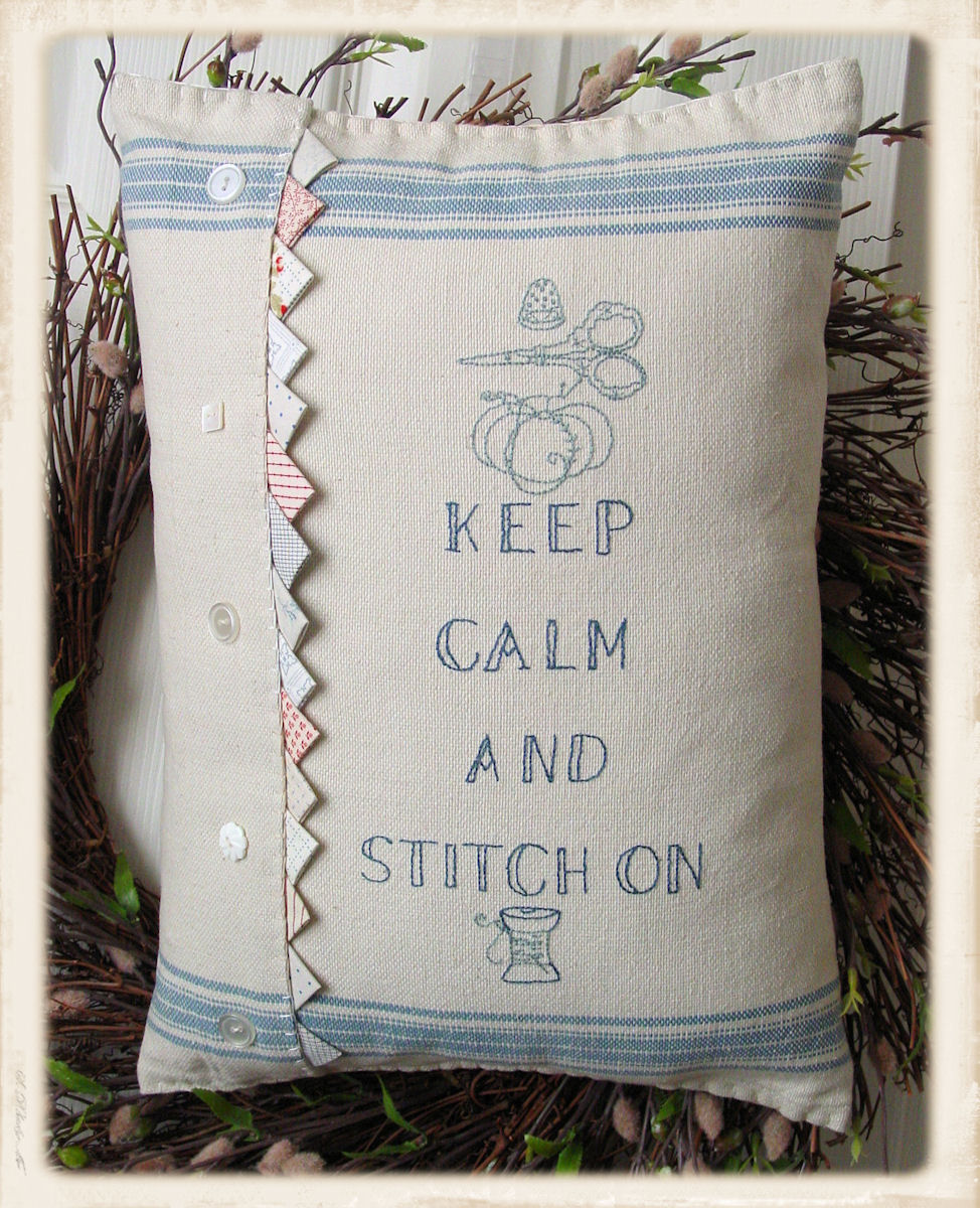 Keep Calm and Stitch On pillow pattern by Plumcute Designs featuring sewing themed embroidery design
