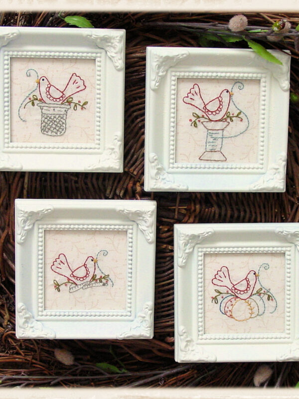 Little Red Bird embroidery pattern set by Plumcute Designs featuring four small bird and sewing motif stitcheries