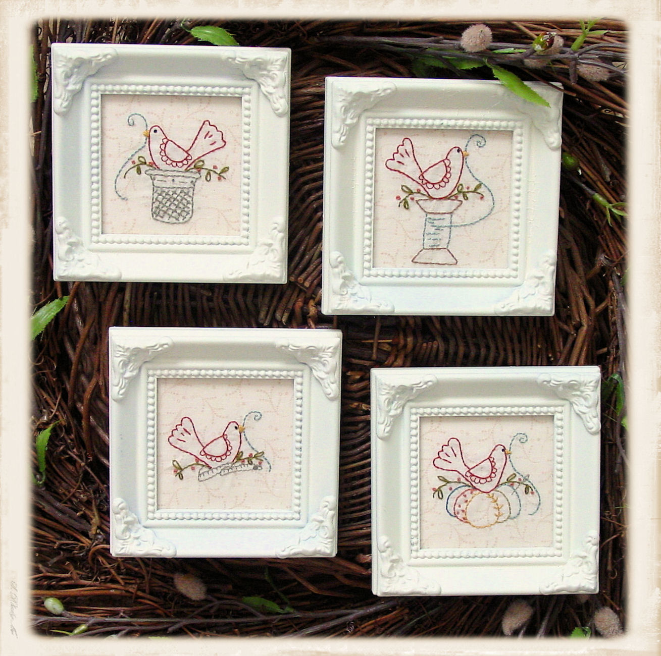 Little Red Bird embroidery pattern set by Plumcute Designs featuring four small bird and sewing motif stitcheries