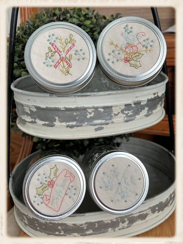 Christmas Jars embroidery pattern set by Plumcute Designs featuring four mason jar holiday stitchery designs