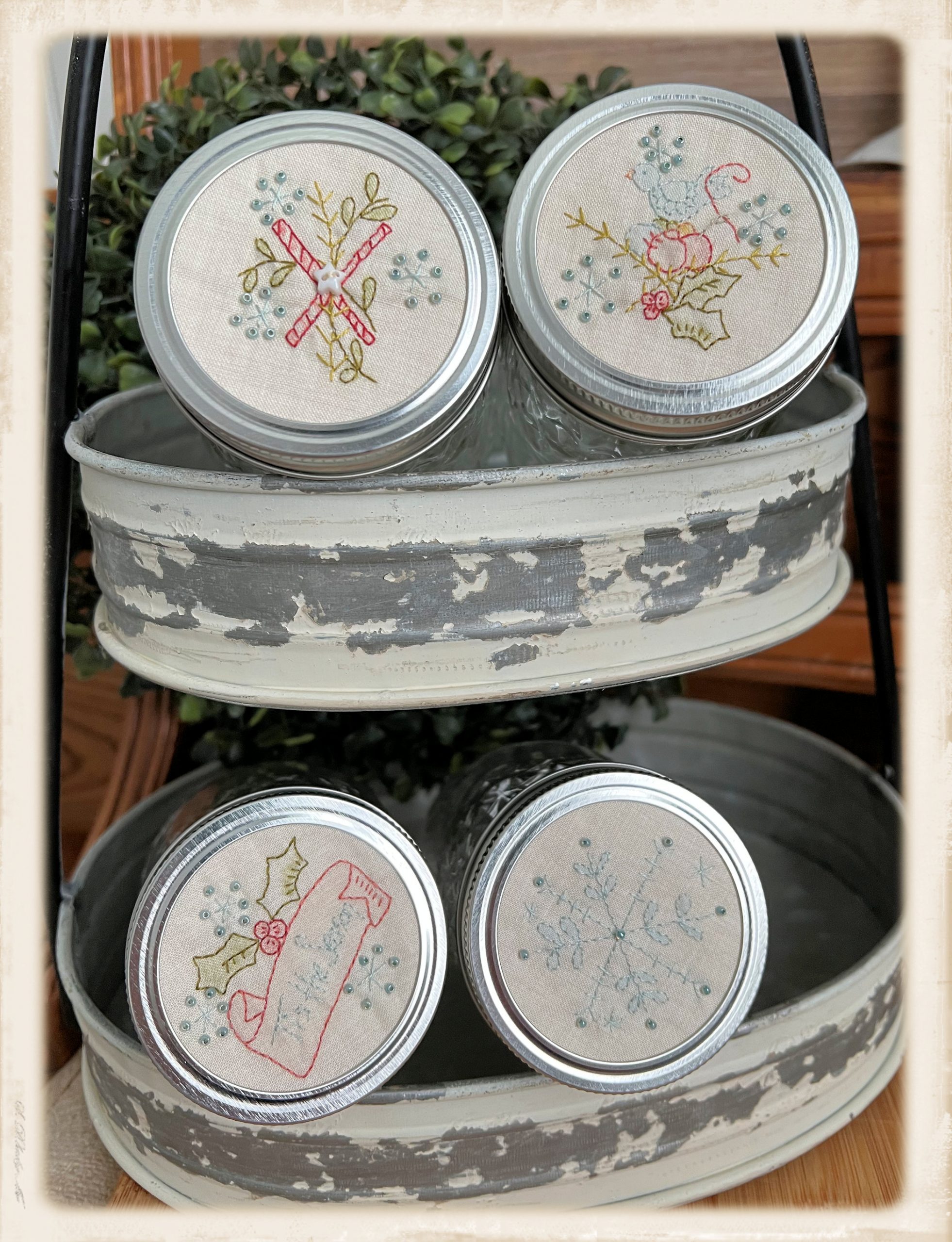 Christmas Jars embroidery pattern set by Plumcute Designs featuring four mason jar holiday stitchery designs