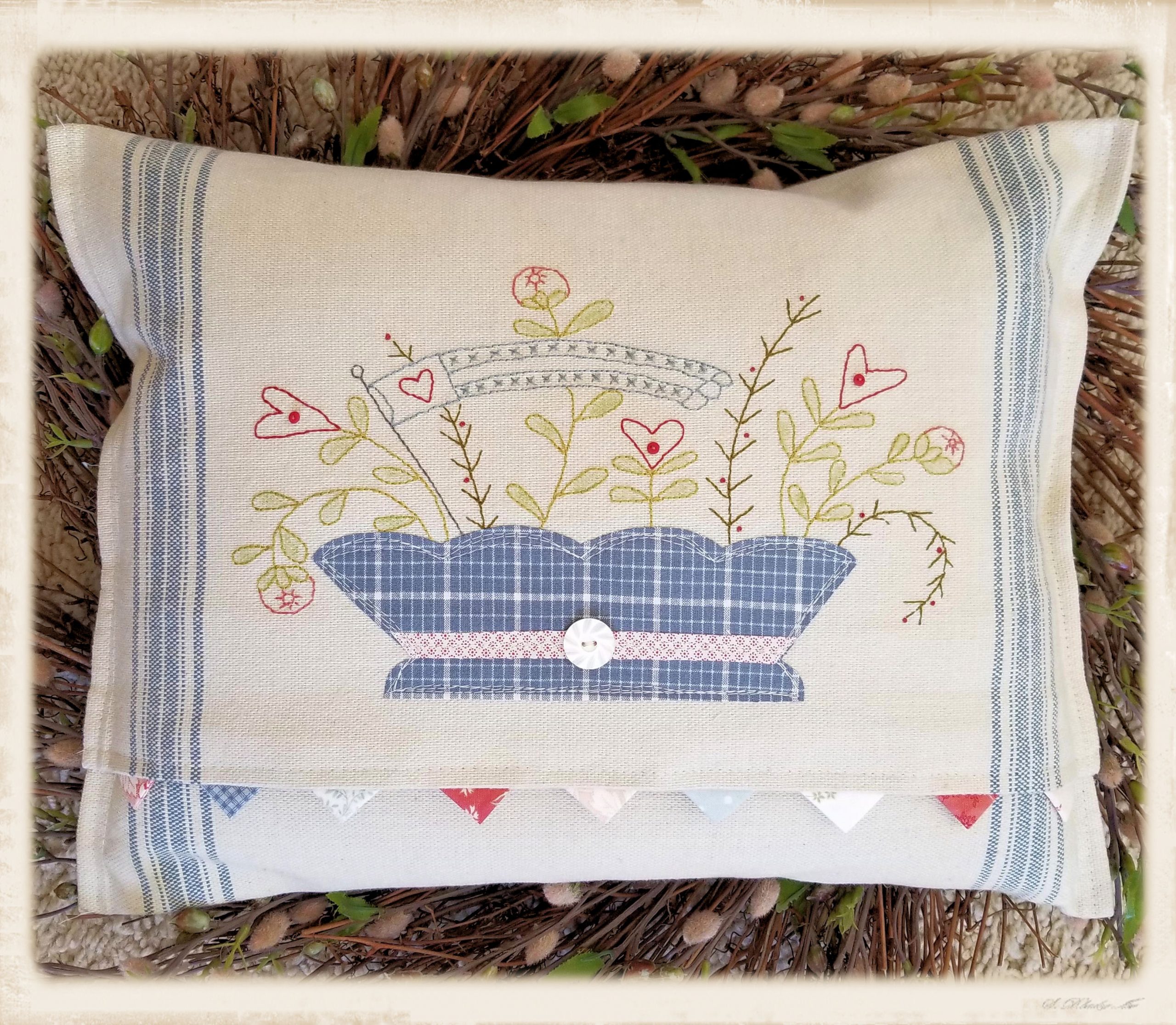 Sweet Blooms pillow pattern by Plumcute Designs featuring embroidery, coloring, and appliqué design
