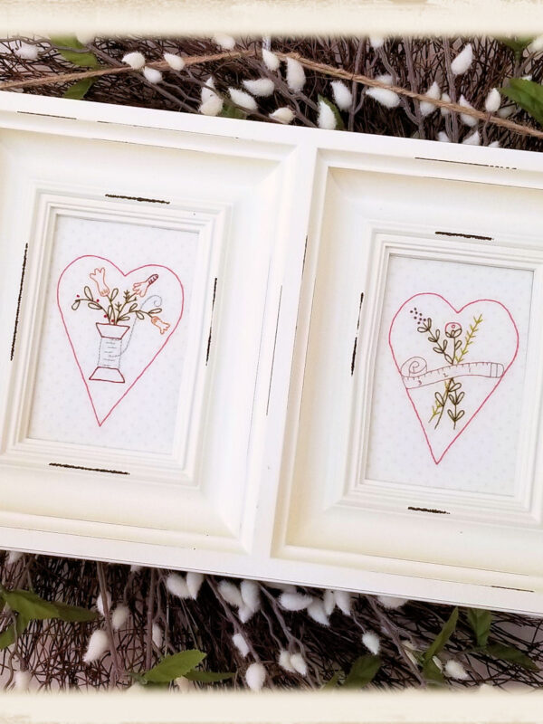 A Stitcher’s Heart embroidery pattern set by Plumcute Designs featuring four seasonal heart stitchery designs