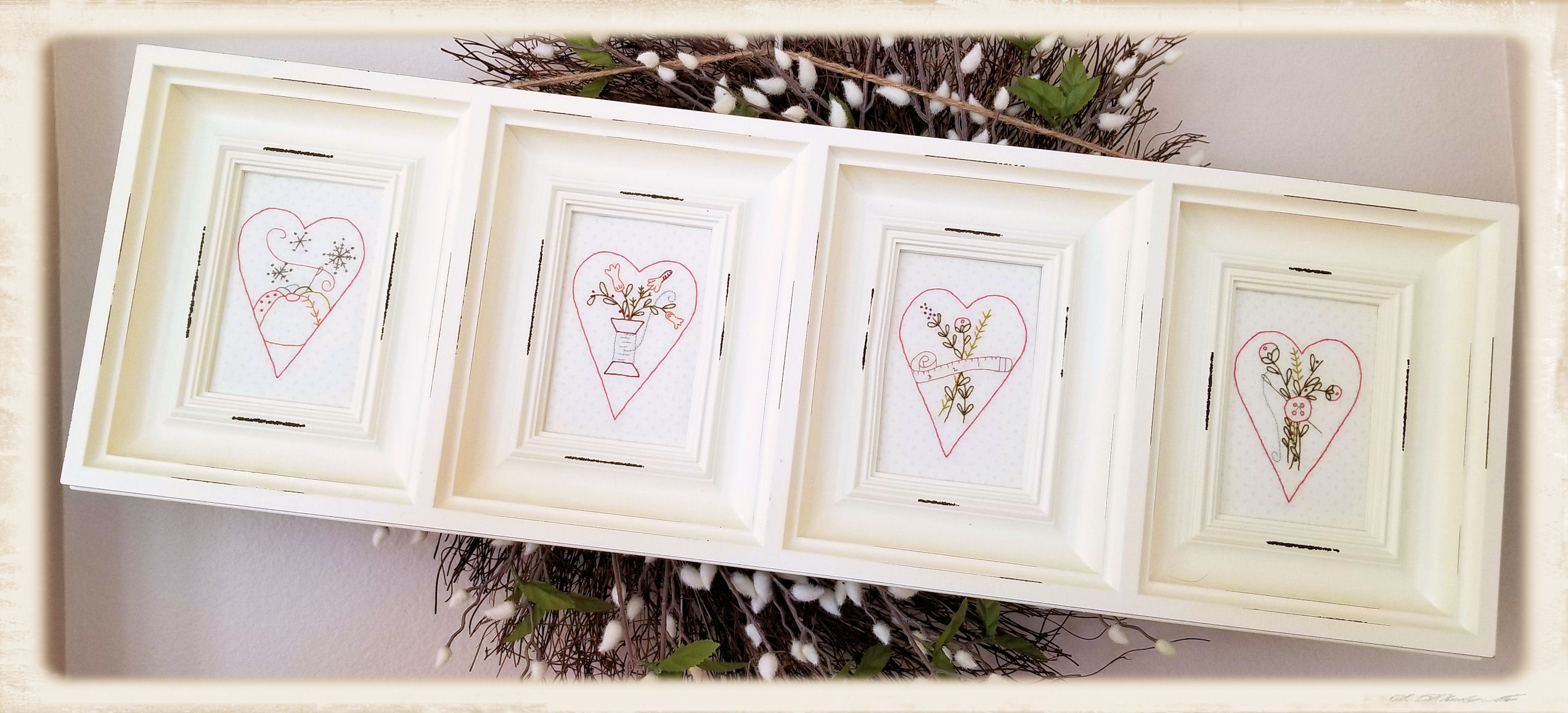 A Stitcher’s Heart embroidery pattern set by Plumcute Designs featuring four seasonal heart stitchery designs