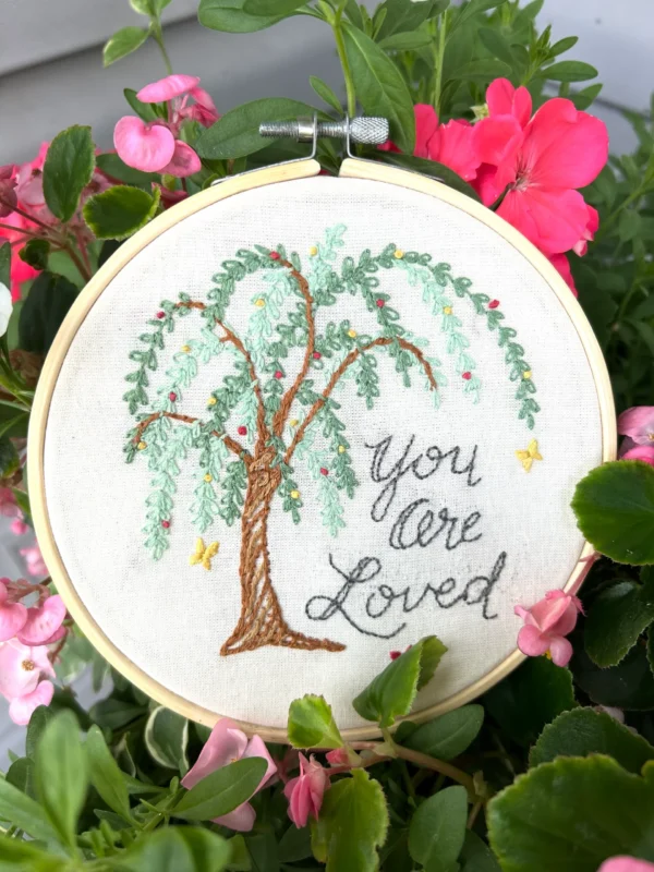 You Are Loved embroidery kit by Deb Strain including hoop, fabric, floss, and needle