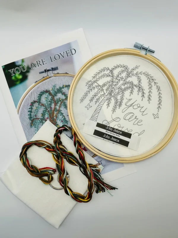 You Are Loved embroidery kit by Deb Strain including hoop, fabric, floss, and needle