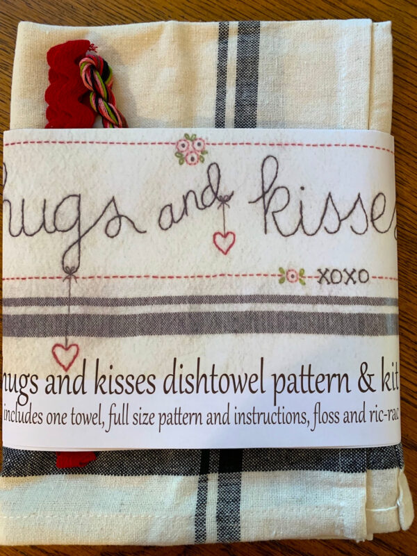 Valentine Hugs & Kisses dishtowel embroidery kit by Bareroots with towel, floss, and trim
