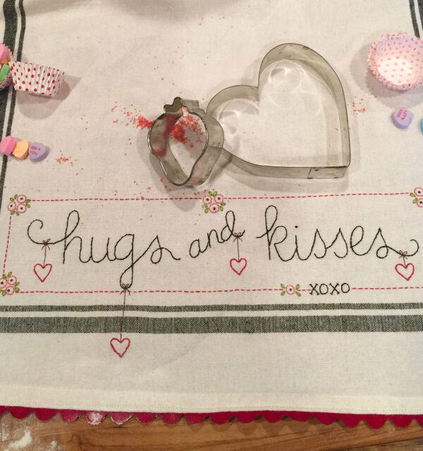 Valentine Hugs & Kisses dishtowel embroidery kit by Bareroots with towel, floss, and trim