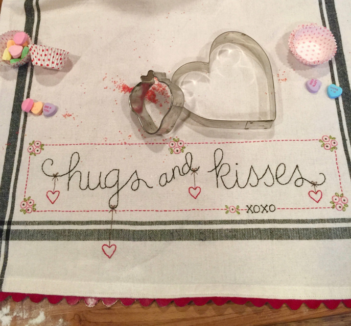 Valentine Hugs & Kisses dishtowel embroidery kit by Bareroots with towel, floss, and trim