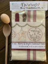 Merry & Bright dishtowel embroidery kit by Bareroots featuring Christmas garland design with towel and supplies