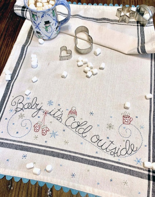 Baby It’s Cold Outside dishtowel embroidery kit by Bareroots featuring winter themed towel with supplies