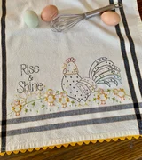 Rise and Shine embroidery dishtowel pattern by Bareroots featuring rooster and chicks design