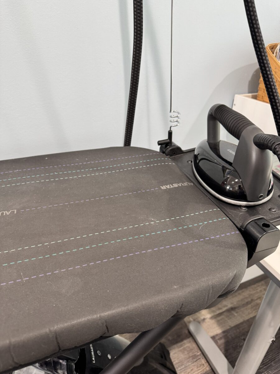 Ironing board and iron. Pressing is critical for precise sewing.