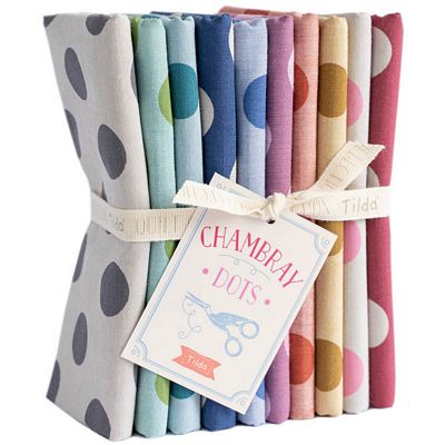 Tilda Chambray Dots Fat Quarter Bundle with 10 yarn-dyed woven chambray fabrics featuring printed dots