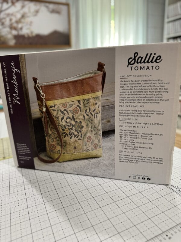 Finished Mackenzie bag making kit by Sallie Tomato featuring cork fabrics and gold hardware