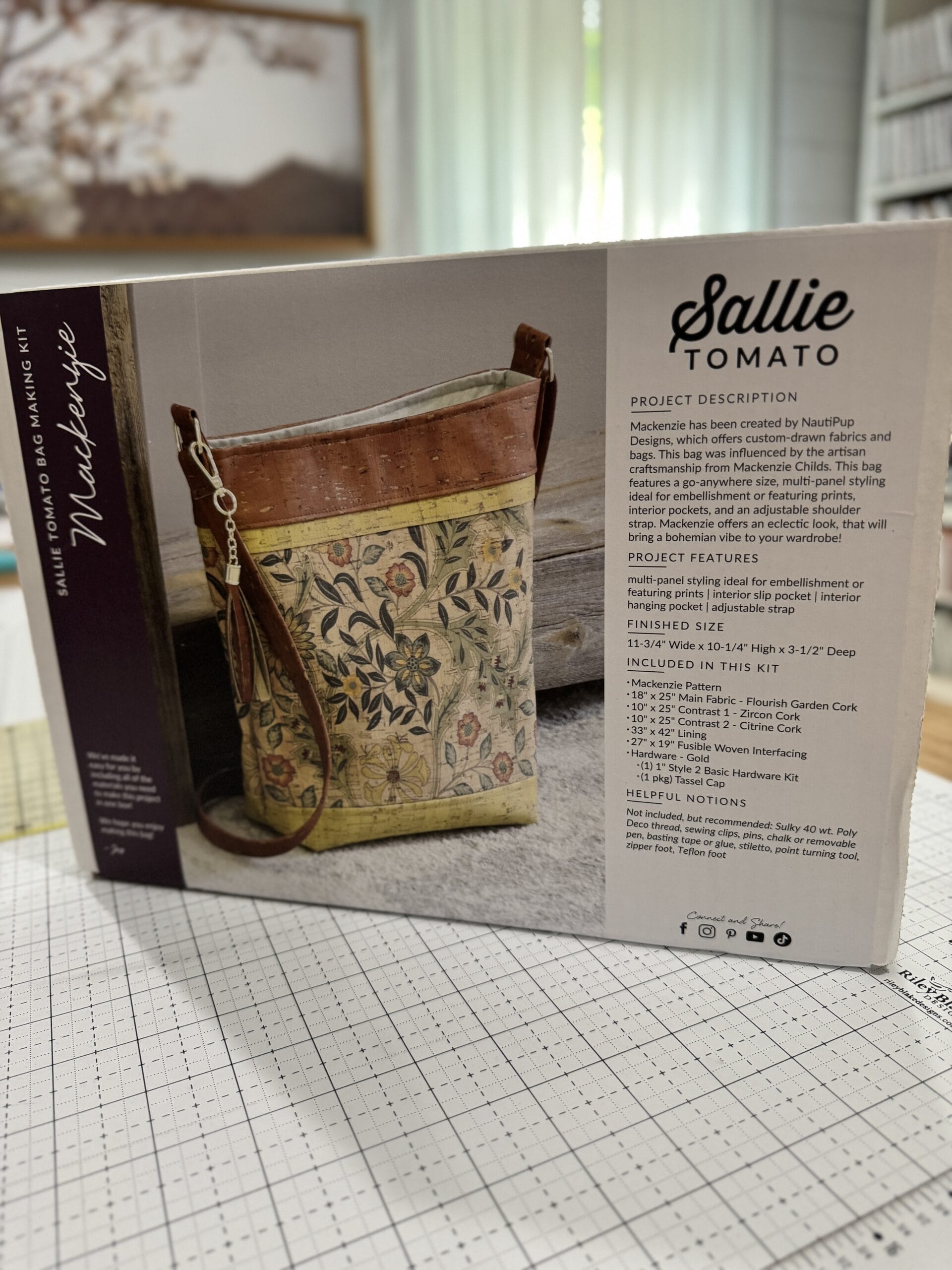 Finished Mackenzie bag making kit by Sallie Tomato featuring cork fabrics and gold hardware