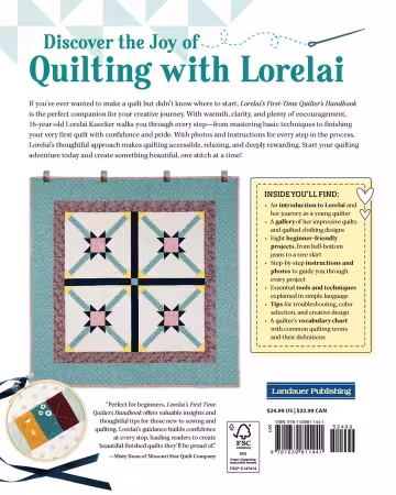 Inside Pages of Lorelai’s First-Time Quilter’s Handbook Inside sample pages from Lorelai's First-Time Quilter's Handbook featuring beginner quilting tutorials, quilt blocks, and colorful sewing projects