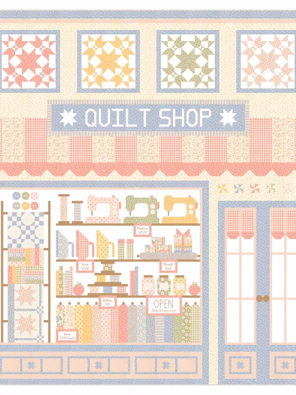 Quilt Shop BOM quilt featuring Handmade Sweetness fabrics by Heather Briggs for Moda Fabrics with colorful quilt shop inspired patchwork blocks and floral prints.