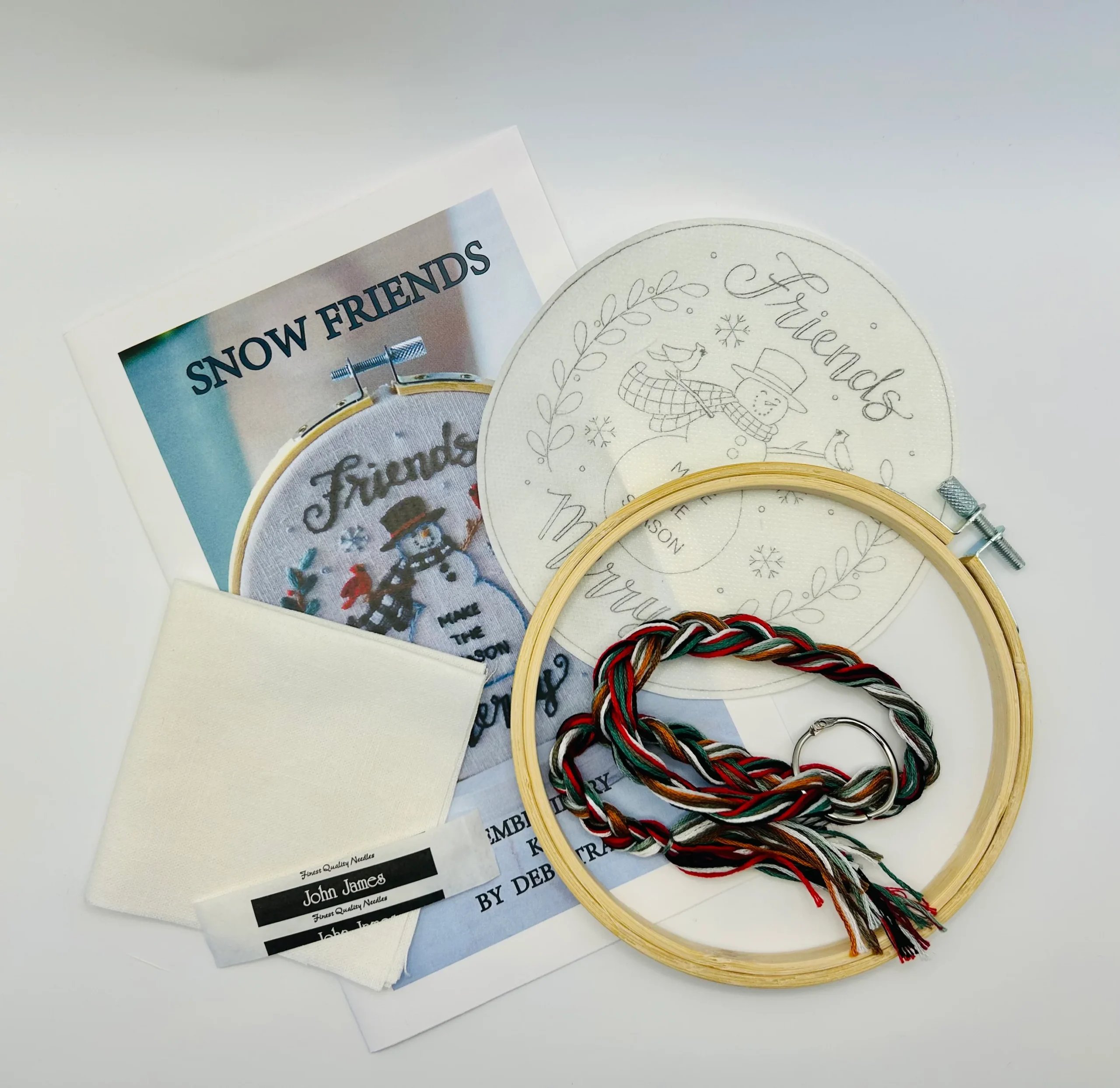 Snow Friends Embroidery Kit by Deb Strain with embroidery hoop linen fabric and COSMO floss