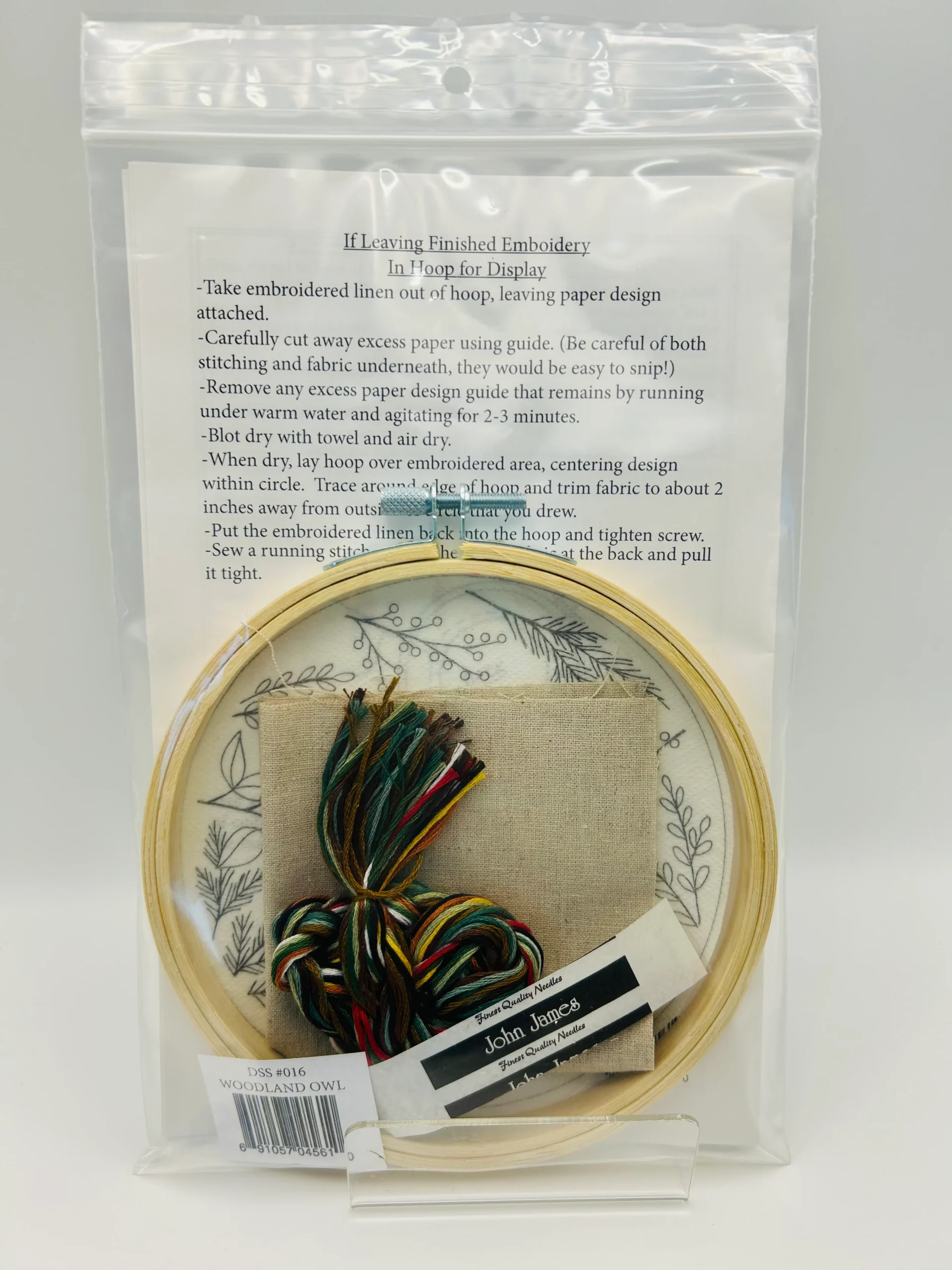 Woodland Owl Embroidery Kit by Deb Strain with hoop linen fabric and COSMO embroidery floss