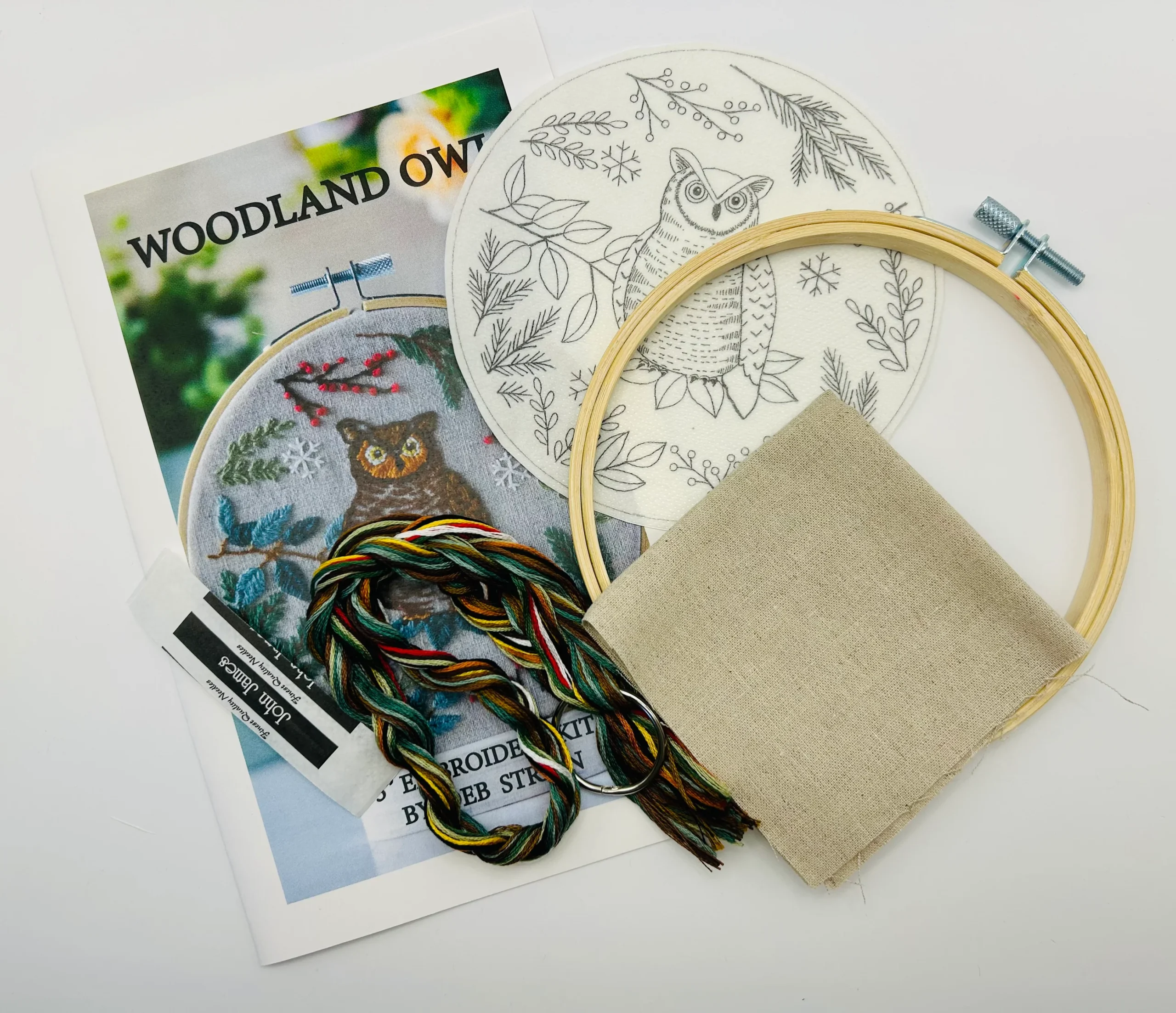 Woodland Owl Embroidery Kit by Deb Strain with hoop linen fabric and COSMO embroidery floss