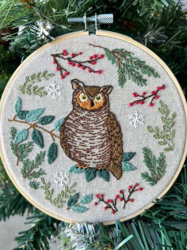 Woodland Owl Embroidery Kit by Deb Strain with hoop linen fabric and COSMO embroidery floss