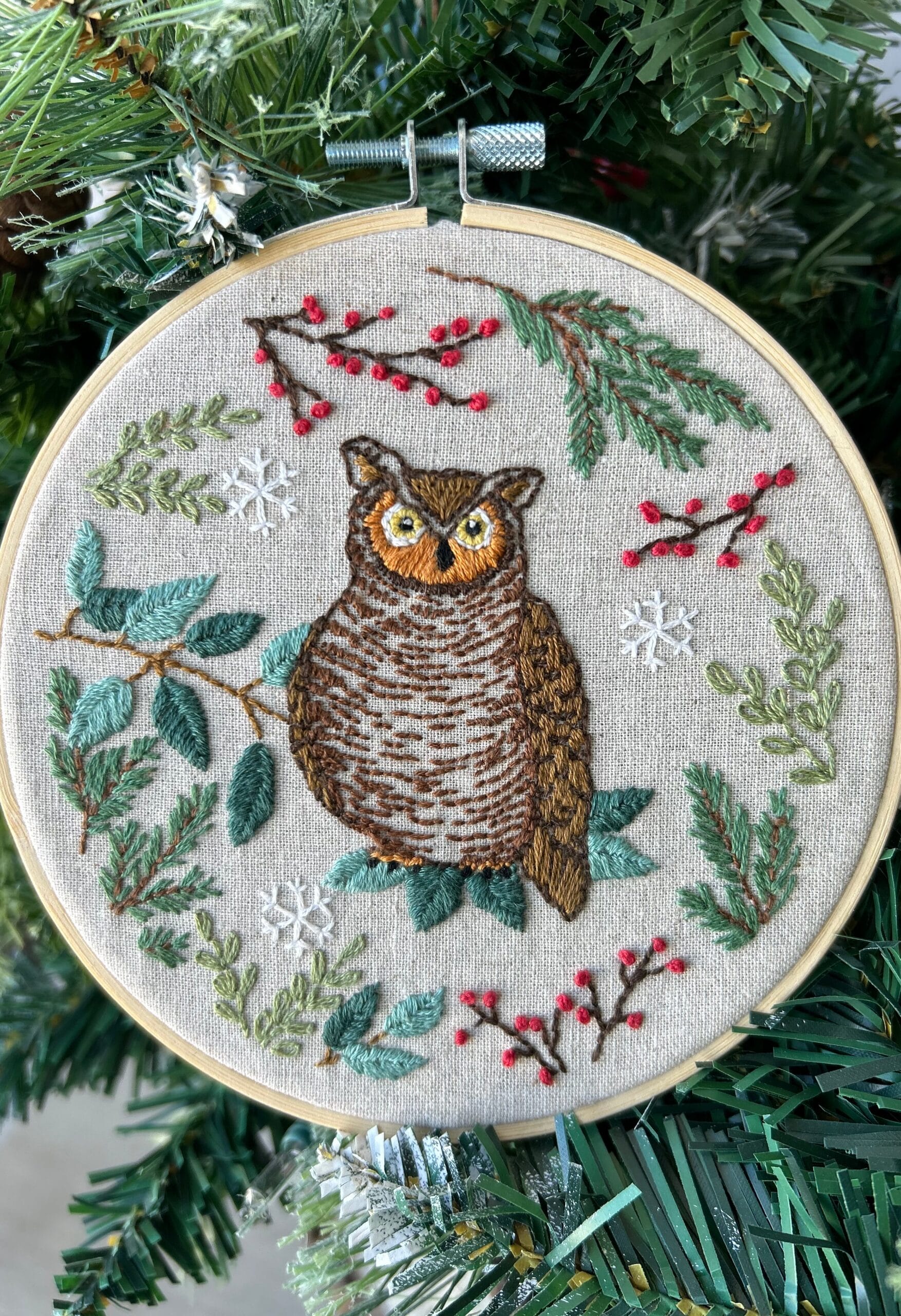 Woodland Owl Embroidery Kit by Deb Strain with hoop linen fabric and COSMO embroidery floss
