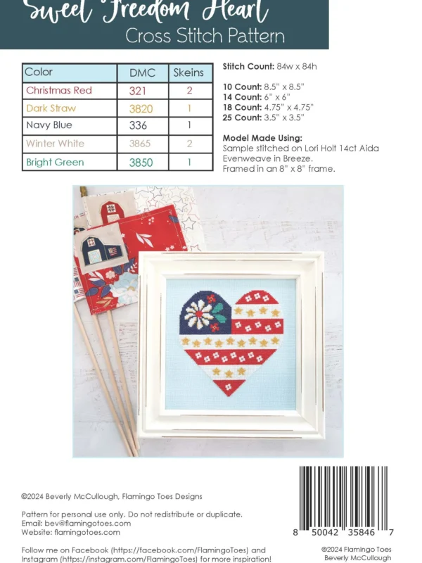 Sweet Freedom Heart Flag patriotic cross stitch pattern stitched on aqua blue fabric