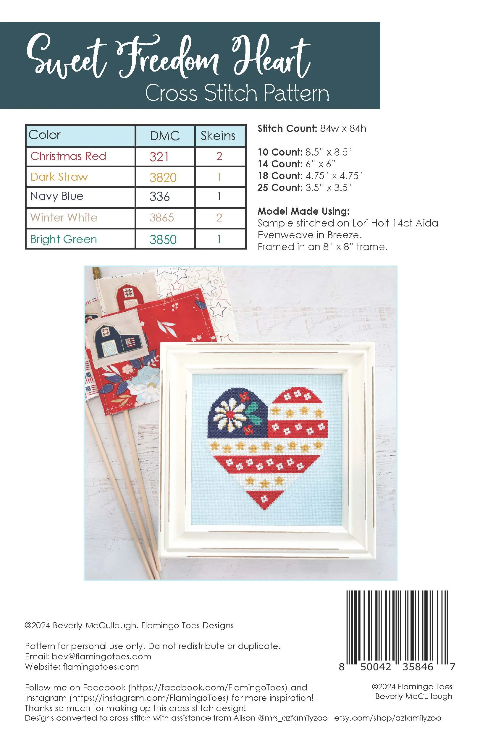 Sweet Freedom Heart Flag patriotic cross stitch pattern stitched on aqua blue fabric