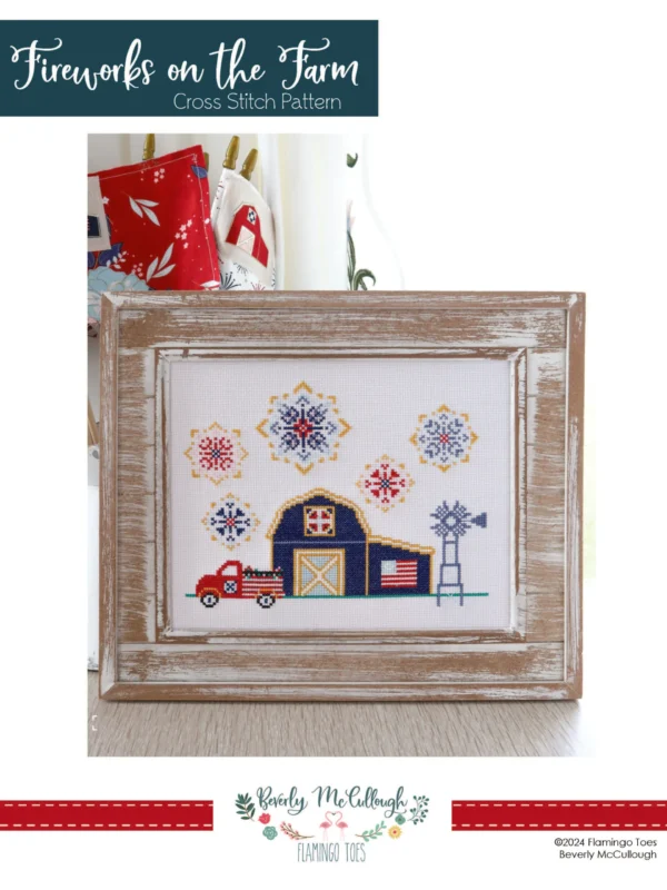 Fireworks on the Farm patriotic farmhouse cross stitch pattern with barn truck and fireworks